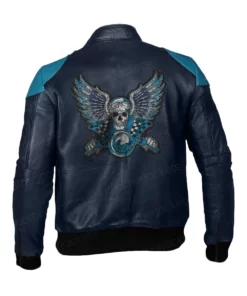Biker Skull With Wings Blue Leather Jacket