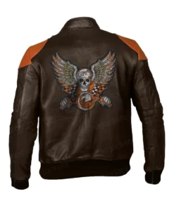 Biker Skull With Wings Brown Leather Jacket