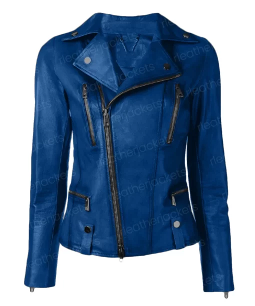 Womens Asymmetrical Blue Leather Jacket