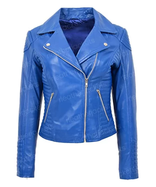 Womens Asymmetrical Zipper Blue Jacket