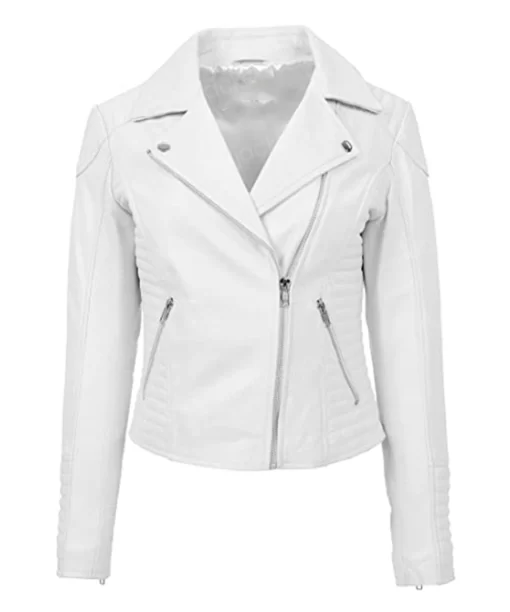 Womens Asymmetrical Zipper White Leather Jacket