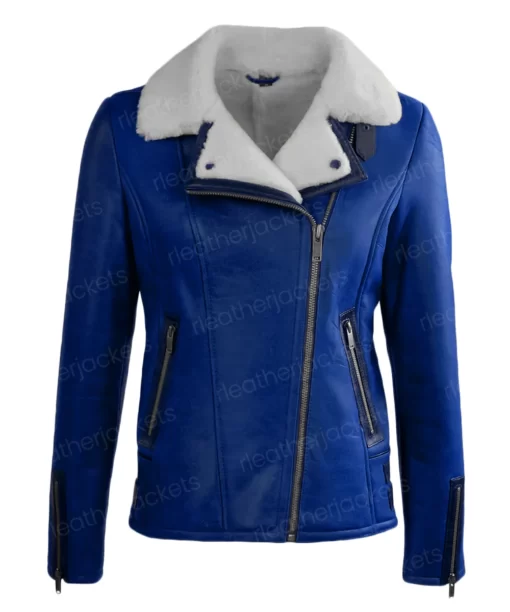 Womens Blue Leather Shearling Jacket