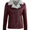 Womens Maroon Leather Shearling Jacket