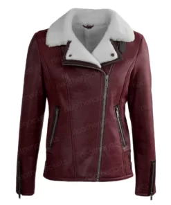 Womens Maroon Leather Shearling Jacket