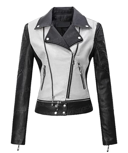 Womens White & Black Leather Jacket
