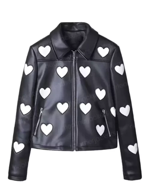 Womens White Hearts Black Leather Jacket