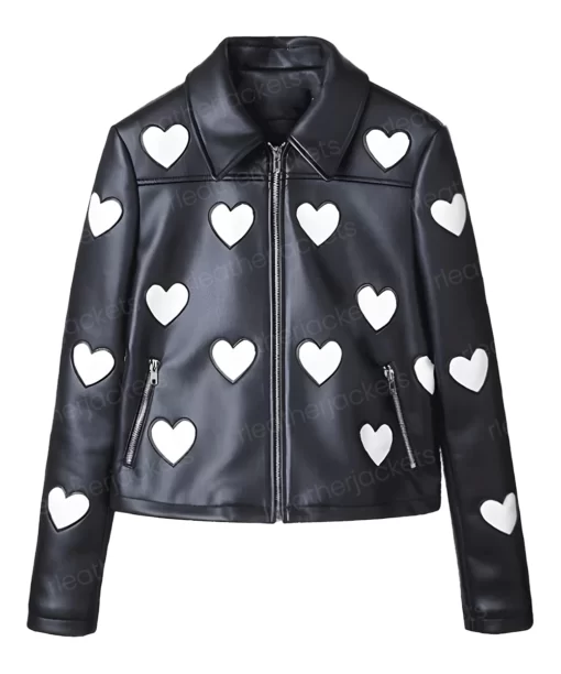 Womens White Hearts Black Leather Jacket