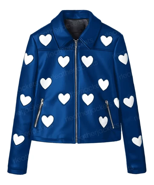 Womens White Hearts Blue Leather Jacket