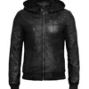 Men Hooded Black Leather Jacket