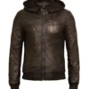 Men Hooded Brown Leather Jacket