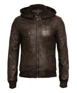 Men Hooded Brown Leather Jacket