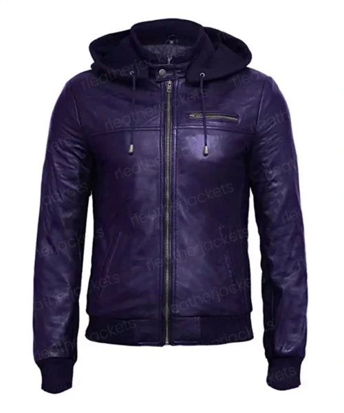 Men Hooded Purple Leather Jacket