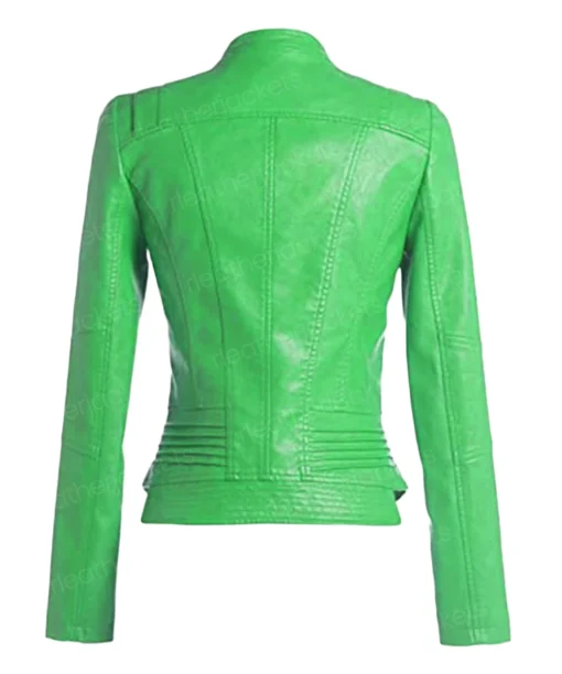 Womens Biker Green Collarless Leather Jacket