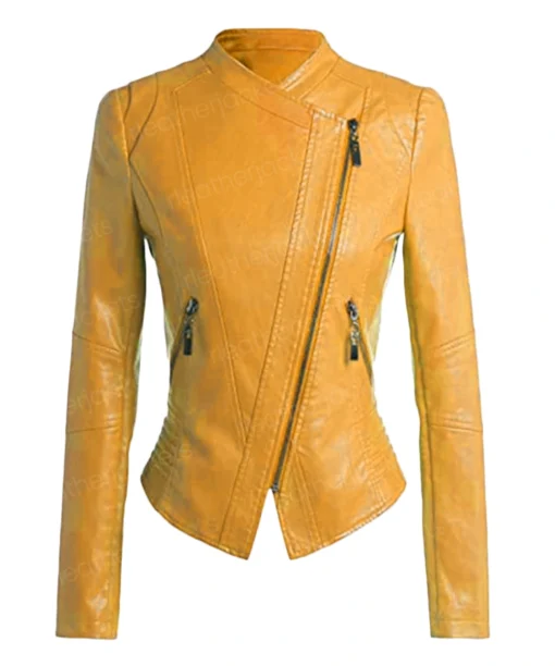 Womens Biker Yellow Collarless Leather Jacket