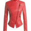 Womens Biker Red Collarless Leather Jacket