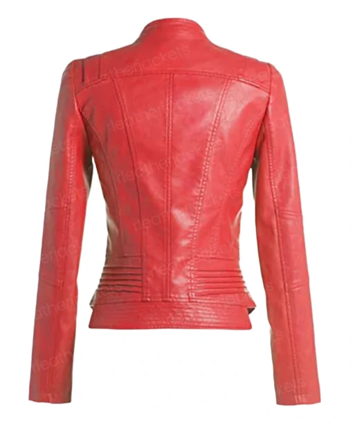 Womens Biker Red Collarless Leather Jacket