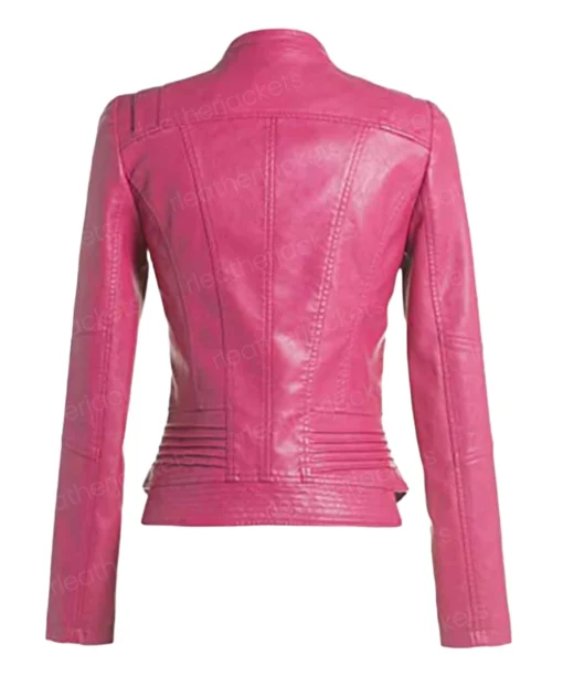 Womens Biker Pink Collarless Leather Jacket