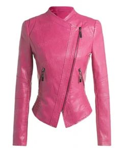 Womens Biker Pink Collarless Leather Jacket