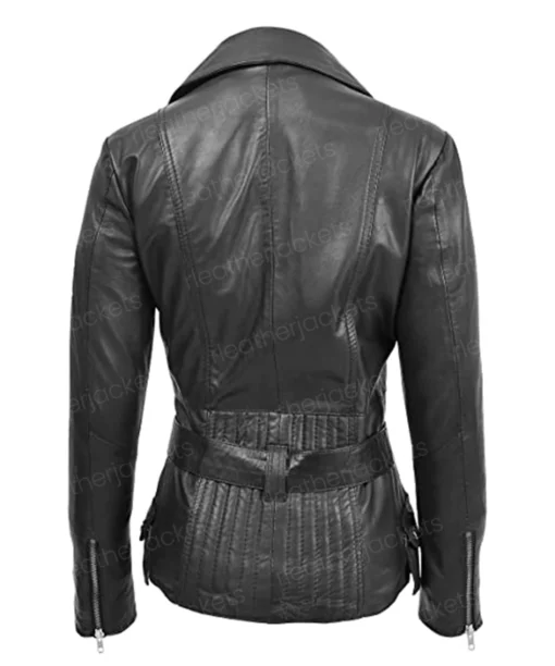 Women Black Leather Belted Jacket