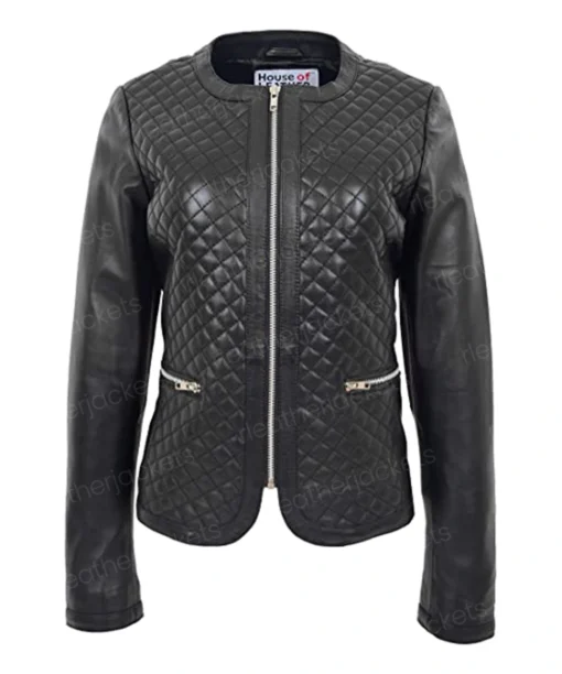Women Black Leather Quilted Jacket