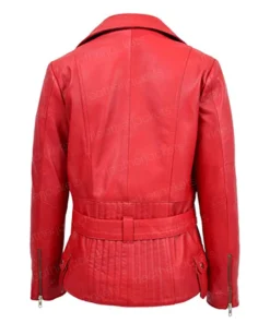 Women Red Leather Belted Jacket