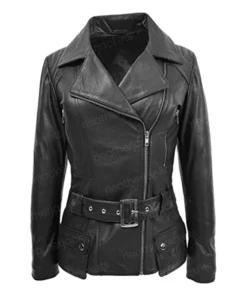 Womens Black Leather Belted Jacket