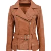 Womens Brown Leather Belted Jacket