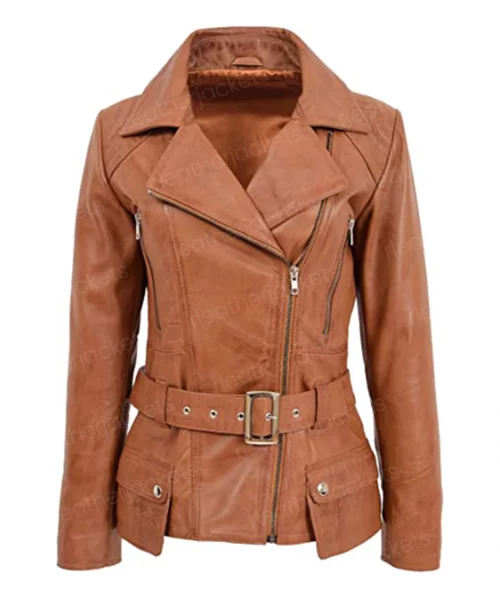 Womens Brown Leather Belted Jacket