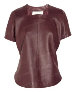 Womens Casual Maroon Leather T-Shirt