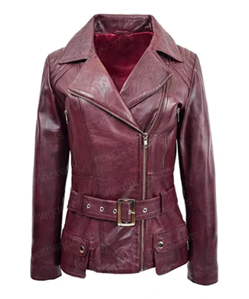 Womens Maroon Leather Belted Jacket