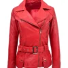 Womens Red Leather Belted Jacket
