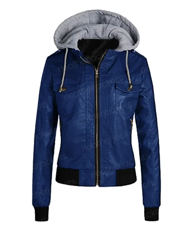 Womens Removable Hooded Blue Jacket - RLeatherJackets