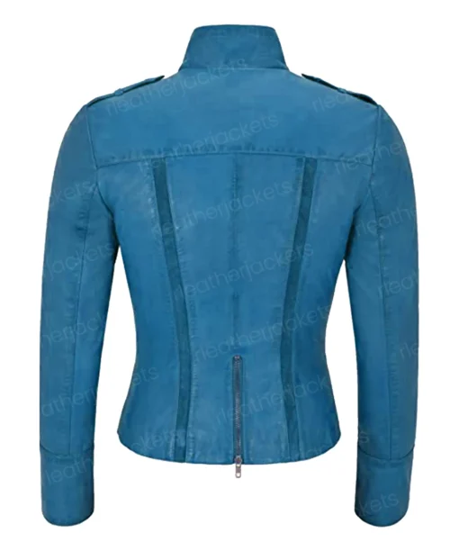 Womens Suede Lining Blue Leather Jacket