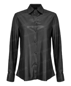 Women Black Leather Long-Sleeve Shirt