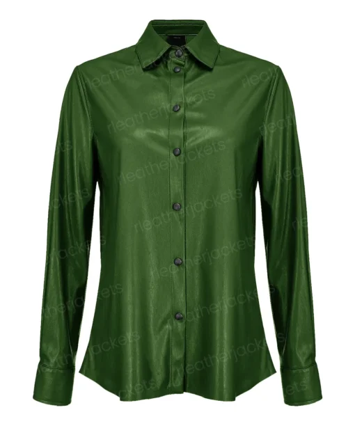 Women Green Leather Long-Sleeve Shirt