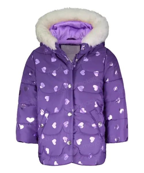 Womens Heart Print Purple Puffer Jacket