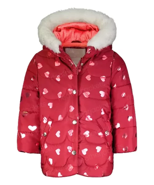 Womens Heart Print Red Puffer Jacket