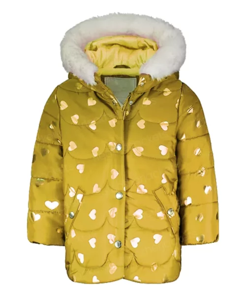 Womens Heart Print Yellow Puffer Jacket