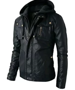Men's Black Hoode Leather Jacket