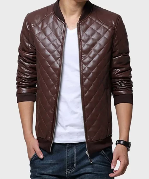 Mens Quilted Leather Brown Jacket