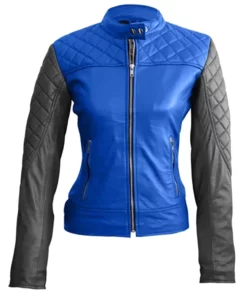 Women Blue Quilted Leather Jacket