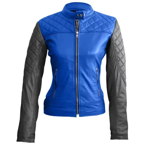 Women Blue Quilted Leather Jacket
