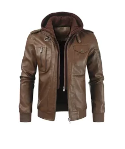 Men's Solid Zip Up Brown Leather Jacket