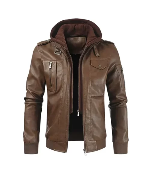 Men's Solid Zip Up Brown Leather Jacket