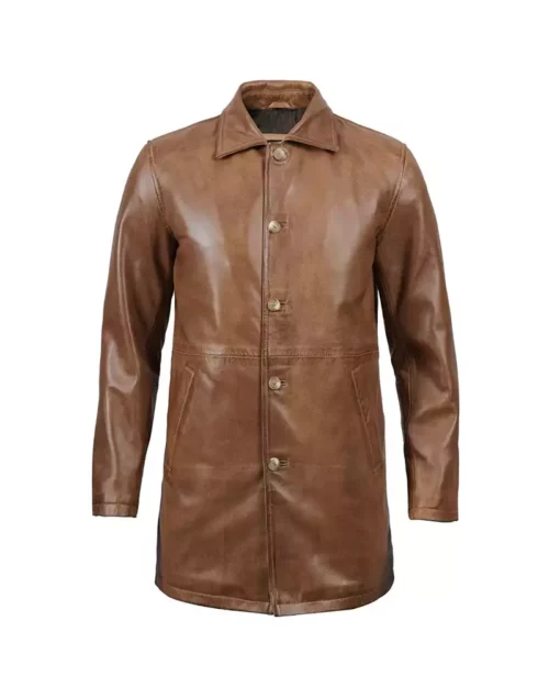 Men's Camel Brown 3/4 Length Leather Coat