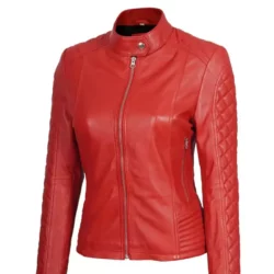 Women's Red Quilted Cafe Racer Jacket