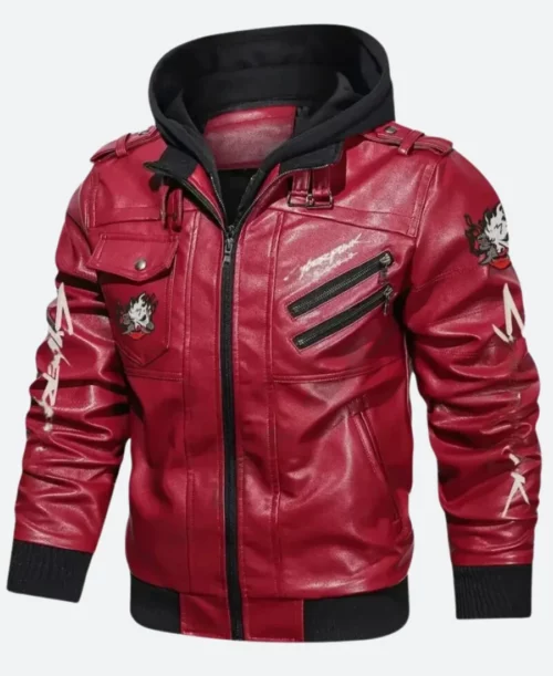 Cyberpunk 2077 Premium Hooded Samurai Gaming Red Real Leather Jacket