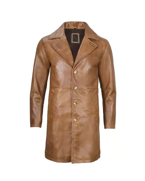 Men's Fashionable Camel Brown Real Leather Trench Coat