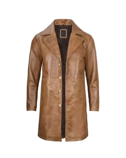 Men's Fashionable Camel Brown Real Leather Trench Coat
