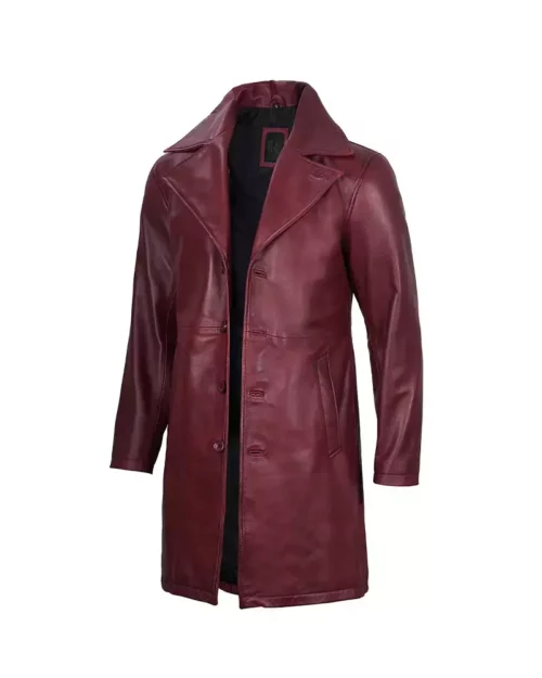 Men's Fashionable Maroon Real Leather Trench Coat